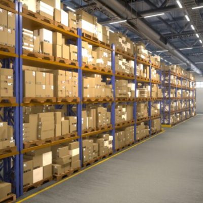 Vast storage building full of products placed on industrial racks with tags and labels, commercial goods. Distribution center equipped for logistical import export system. 3D render animation.